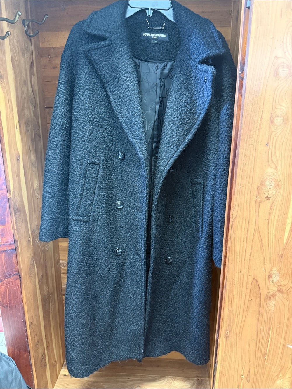 Karl Lagerfeld Black Textured Double-Breasted Bouclé Coat